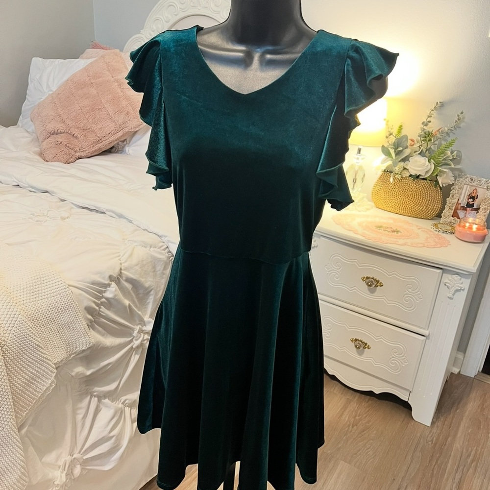 GB Girls Green Fit and Flare Mini Dress with Flutter Sleeves